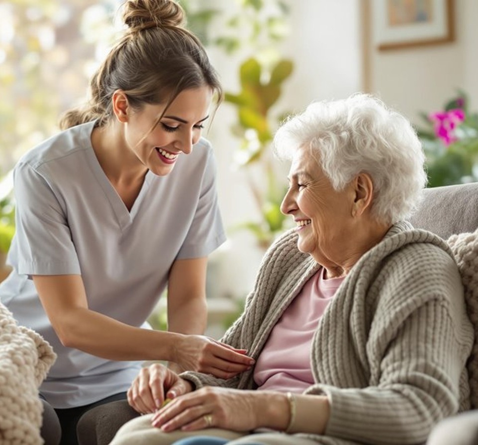 in-home-senior-care-nurse-assisting-happy-elderly-woman in home senior care nurse assisting happy elderly woman