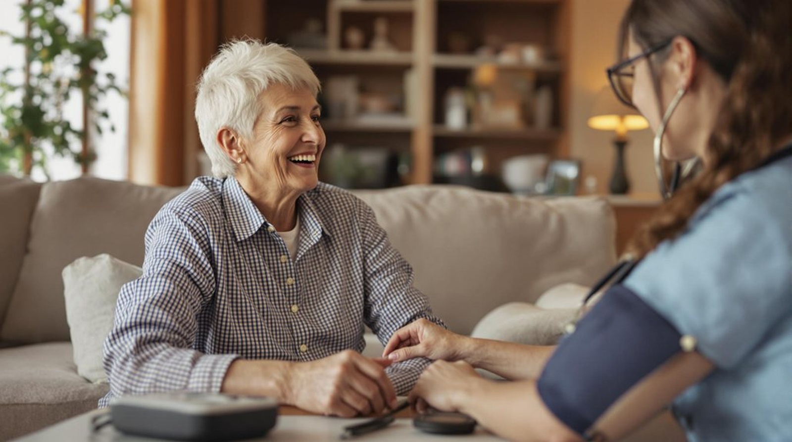 in home senior care nurse assisting happy elderly woman