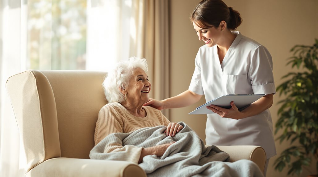 A Winnipeg caregiver in a white uniform smiles while holding a clipboard and speaking with an elderly woman wrapped in a blanket, sitting comfortably in an armchair.