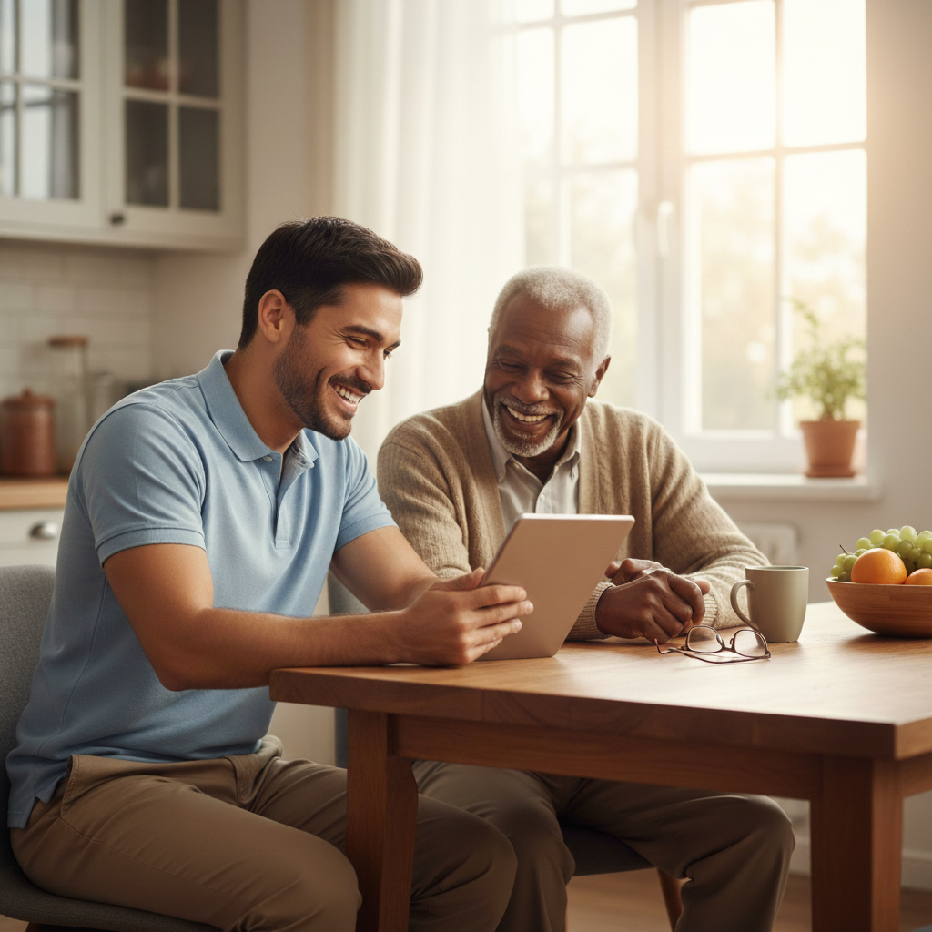 An older man and a younger man sit at a wooden table, smiling and looking at a tablet together. Sunlight streams through the window behind them, with a bowl of fruit and a mug on the table adding a warm, homely touch.