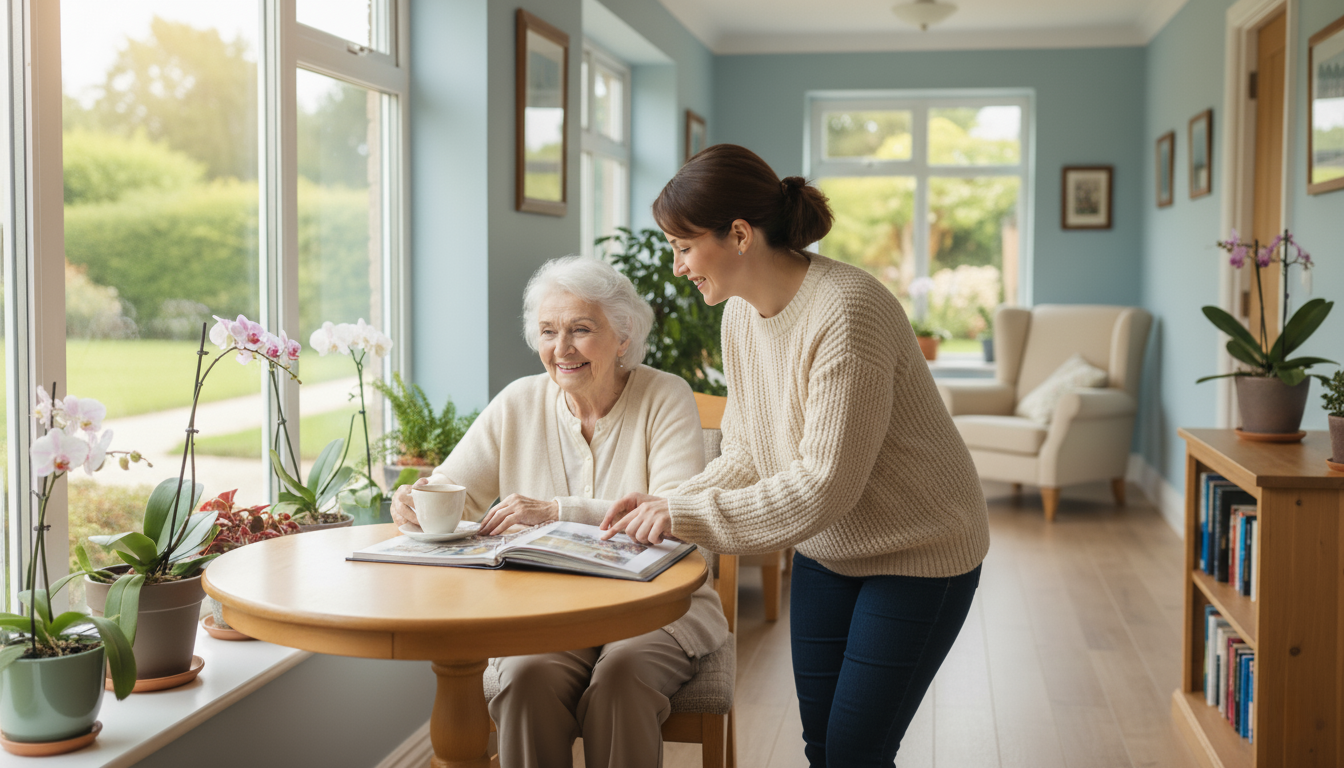 A young woman helps an elderly woman at a wooden table in a bright living space filled with natural light. The elderly woman is smiling, holding a cup of tea, while the younger woman leans in to look at a book together. Potted orchids line the window sill, and the background shows a green garden outside.