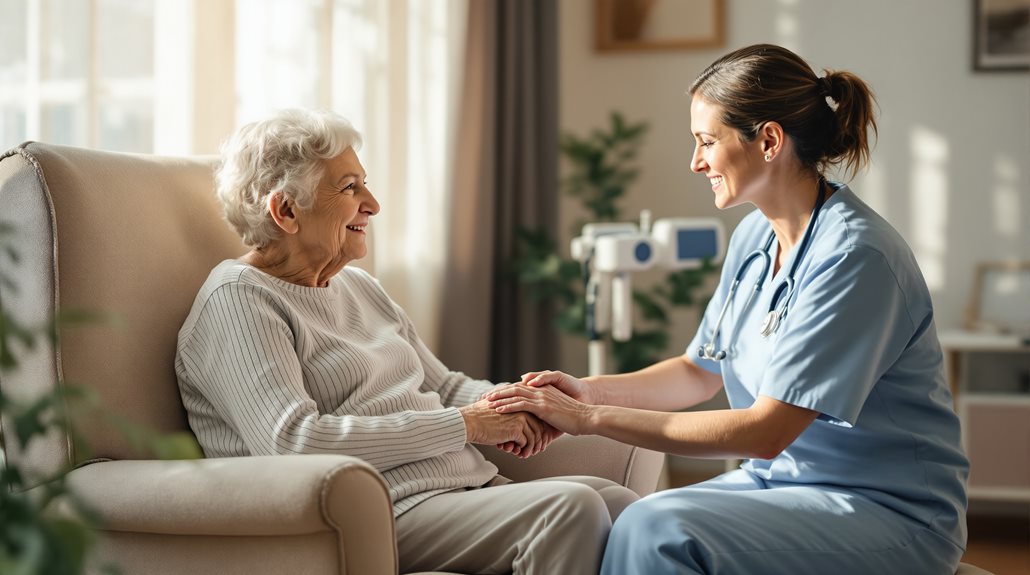 A Winnipeg nurse in blue scrubs holds hands with a smiling elderly woman seated in a comfortable armchair during a home care visit.