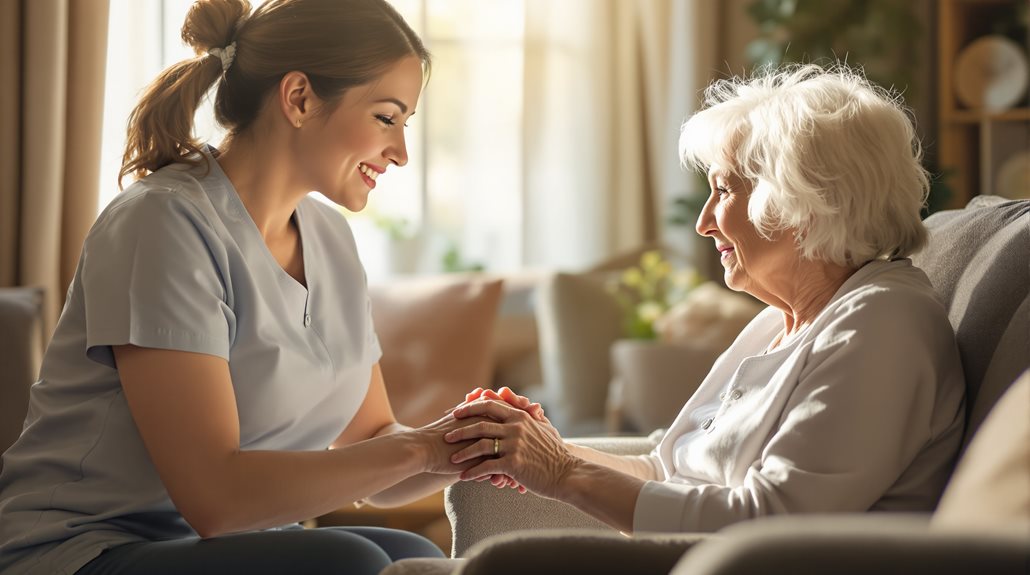 A Winnipeg caregiver smiles warmly while holding hands with an elderly woman in a cosy living room, offering companionship and home care support.