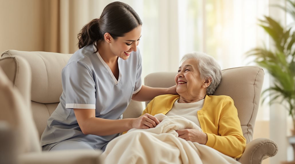 A Winnipeg home care worker smiles while supporting a senior woman in a yellow cardigan, adjusting a blanket in a bright and comfortable living room.