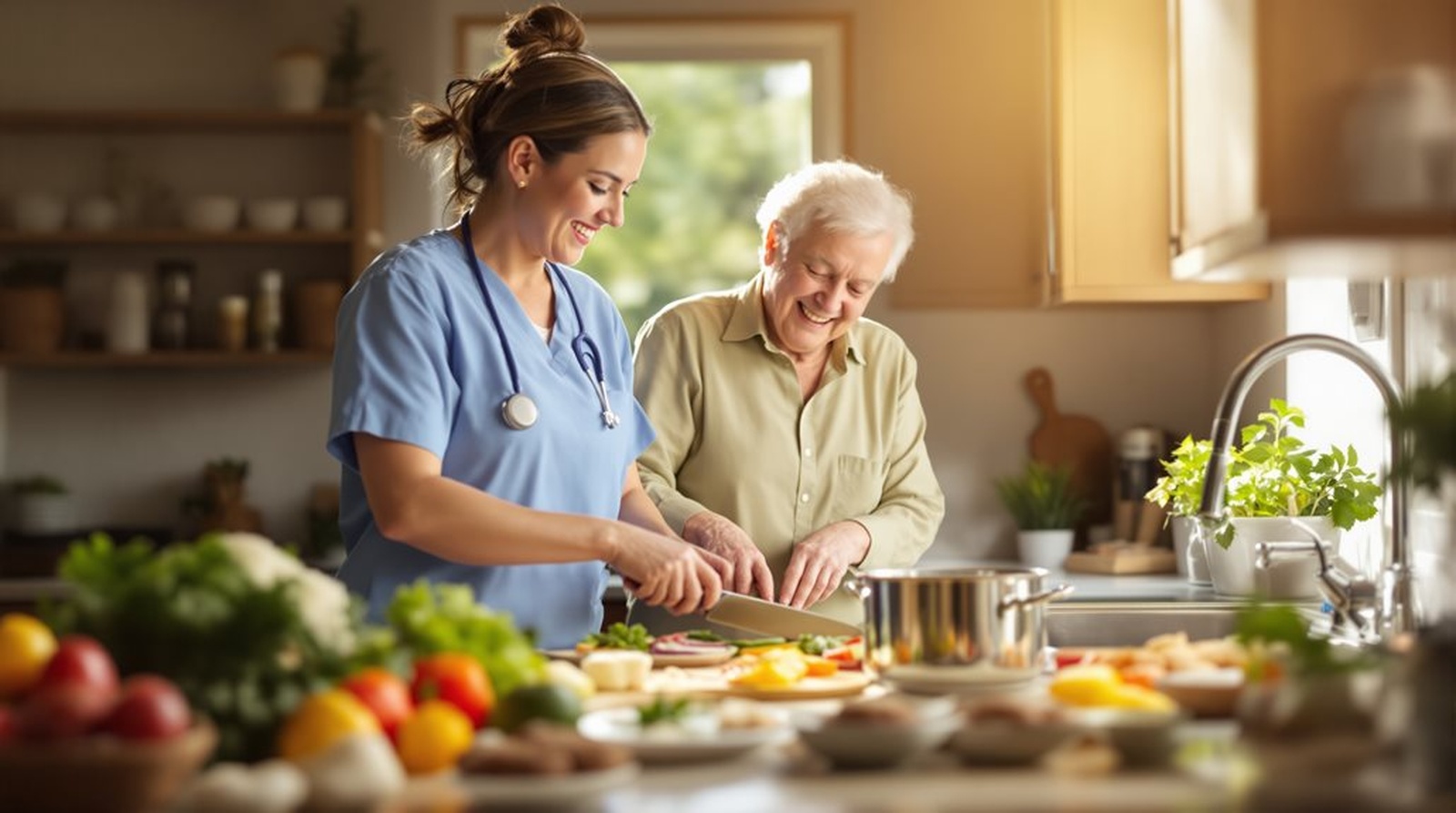 caregiver cooking with senior prescare kitchen scene | GPS: 49.855096, -97.095141
