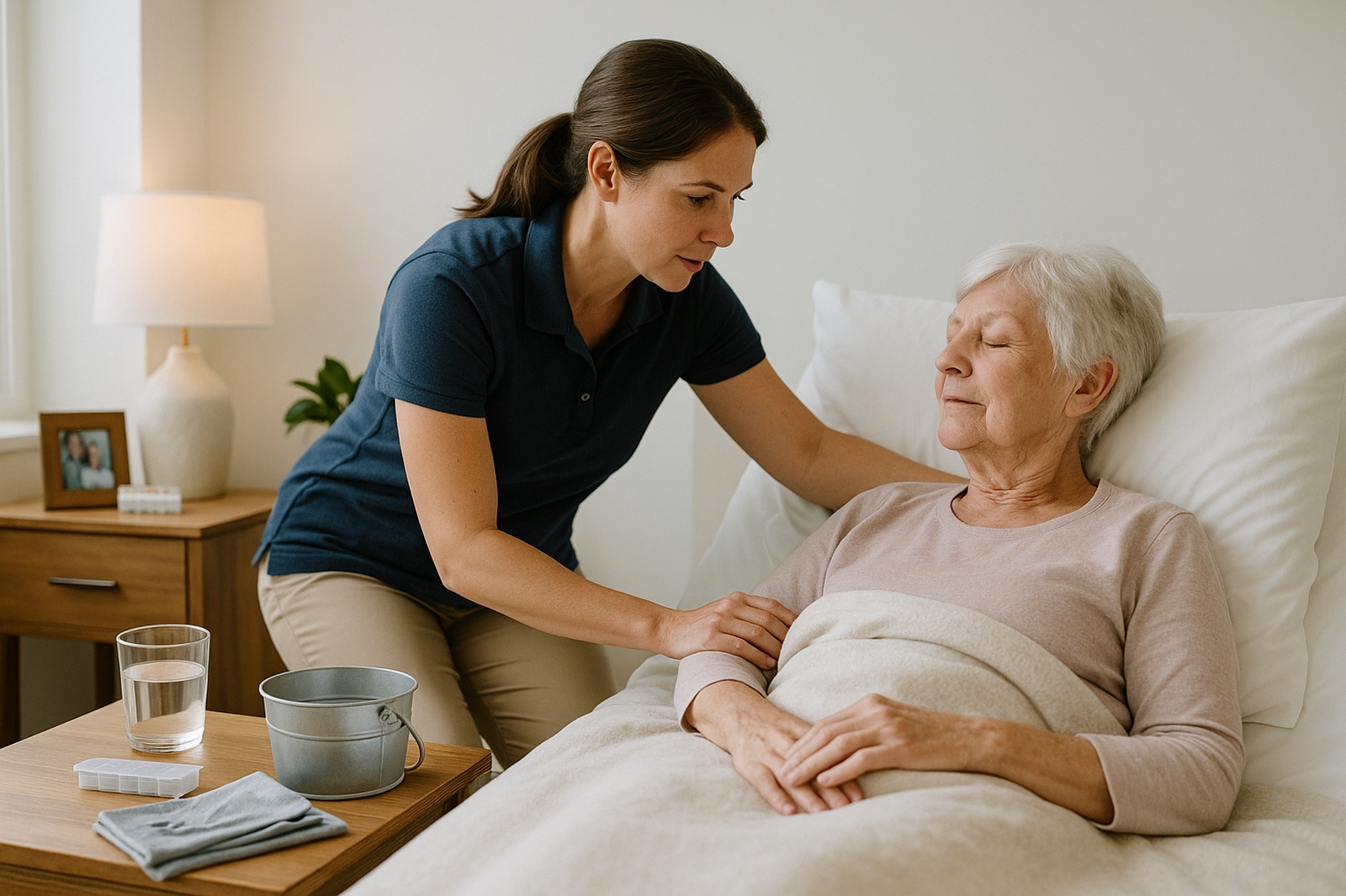 caregiver support for elderly woman in bed | GPS: 49.905579, -97.016908