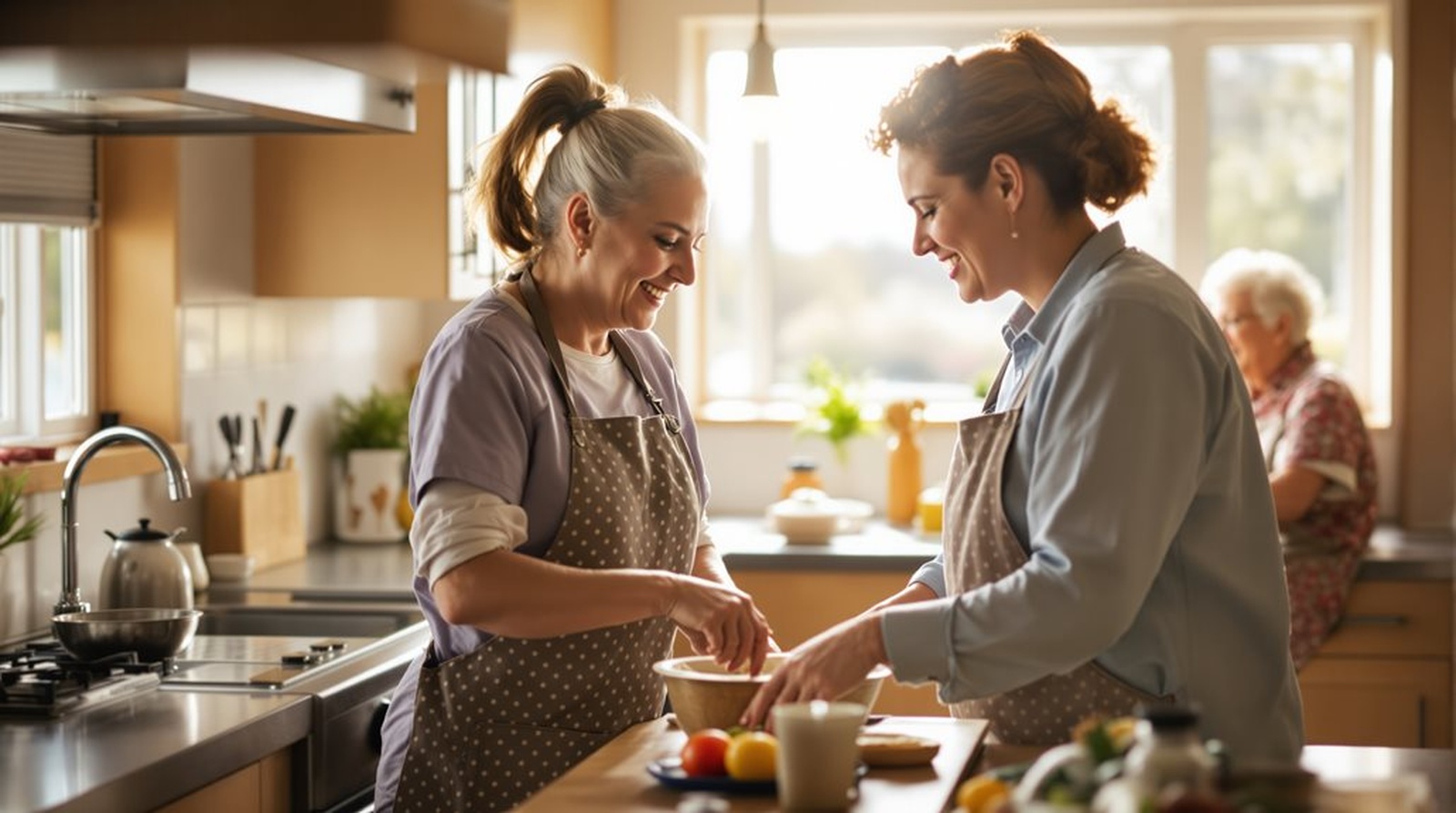 cooking together and sharing support in kitchen | GPS: 49.884470, -97.049620