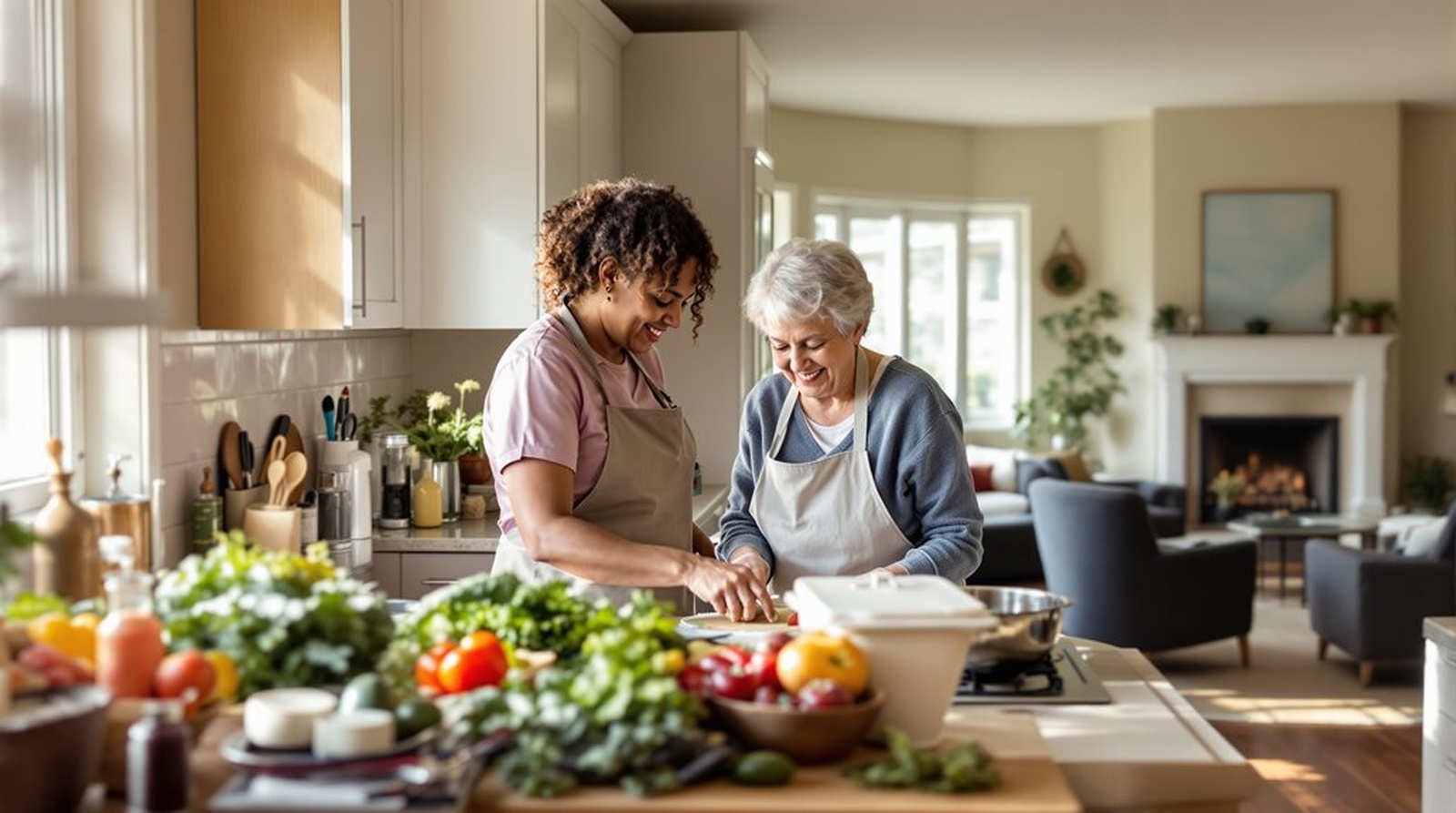 senior women cooking together in kitchen with vegetables | GPS: 49.832974, -97.129424