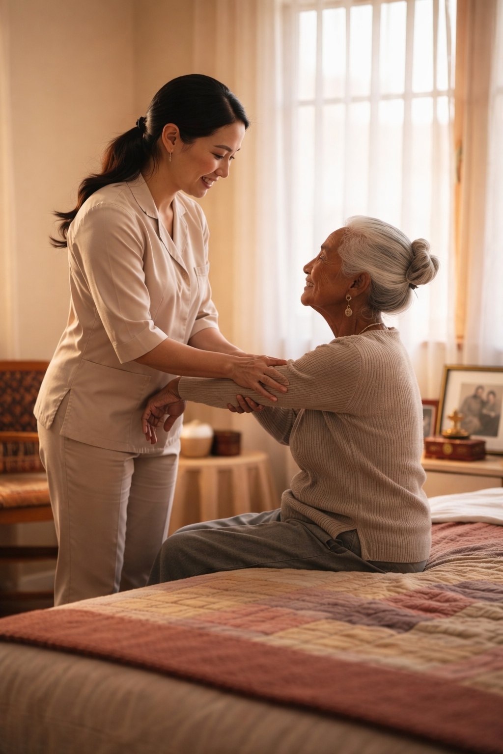 caregiver assisting elderly woman at home prescare