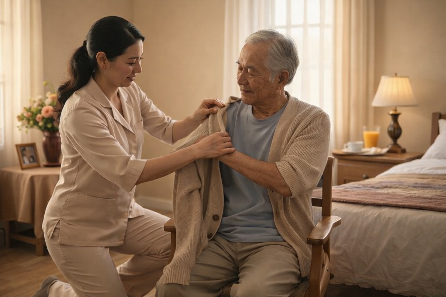 caregiver helping elderly man get dressed prescare