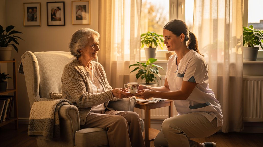 caregiver visits senior woman with tea in home prescare