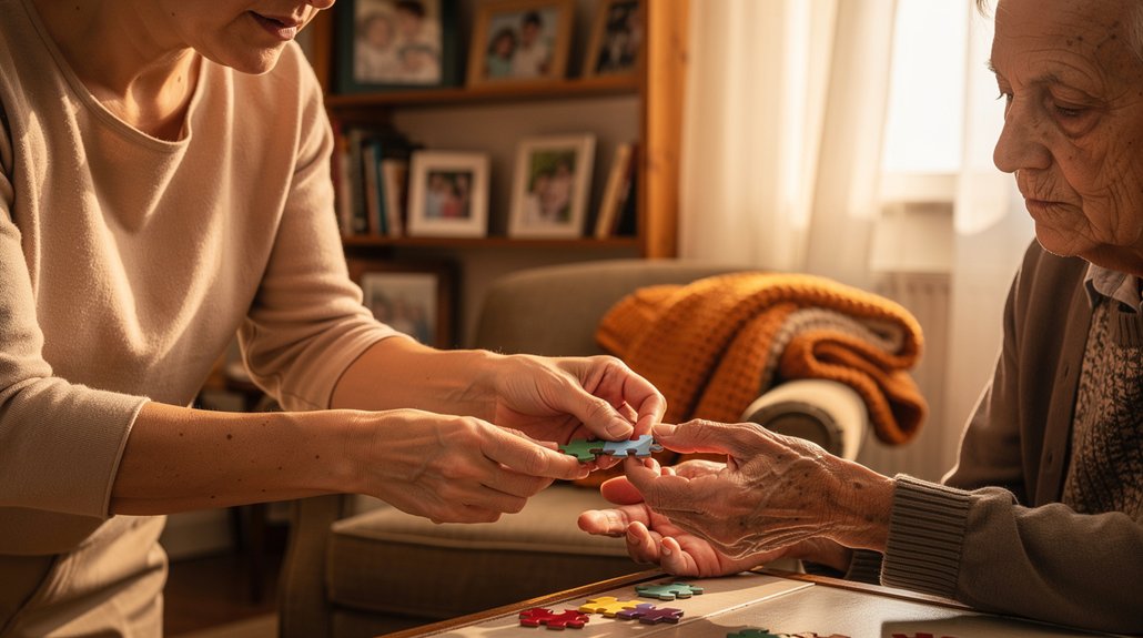 helping elderly with puzzle prescare caregiver assistance