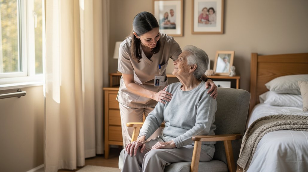 nurse assisting senior woman prescare senior care facility
