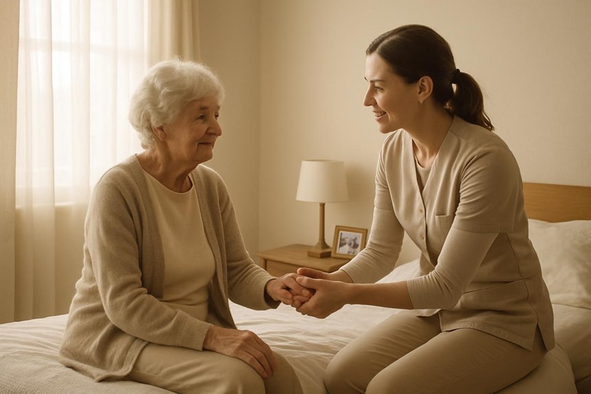 caring senior woman with nurse prescare helping hands conversation