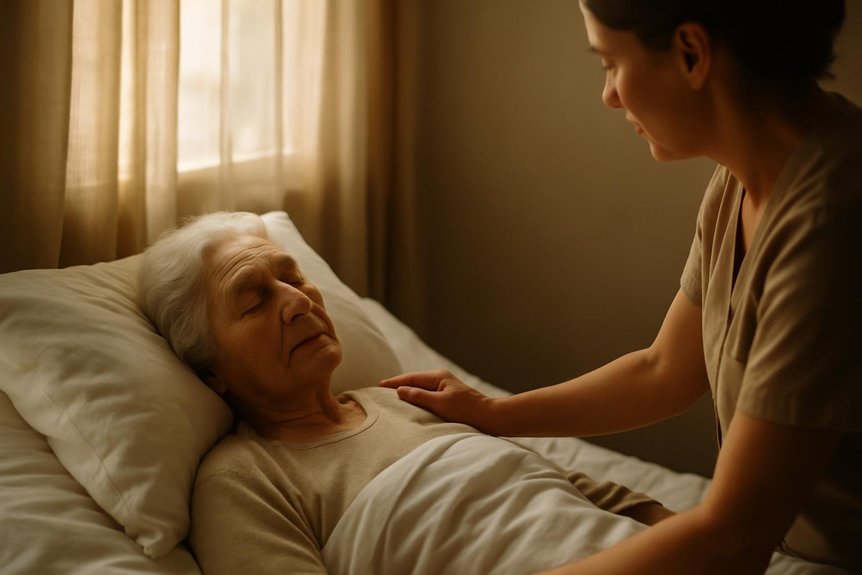 elderly caregiver assisting patient in bed prescare
