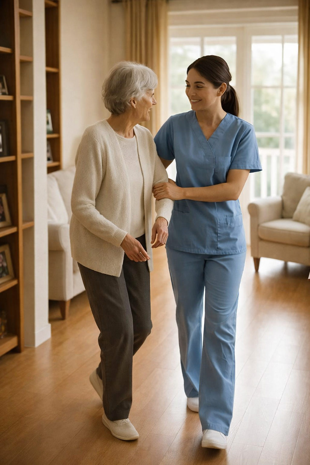 elderly woman with nurse walking inside home prescare