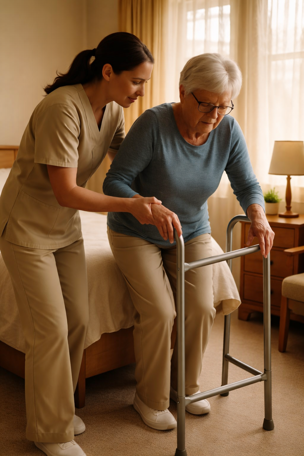helping senior with walker prescare supportive care