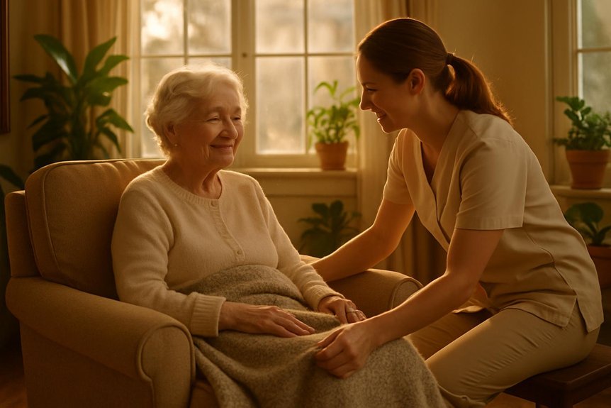 home care prescare senior woman nurse comforting moment