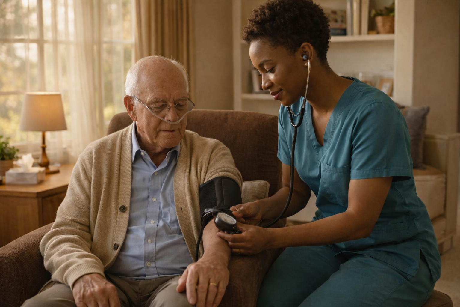 senior man receiving blood pressure check prescare
