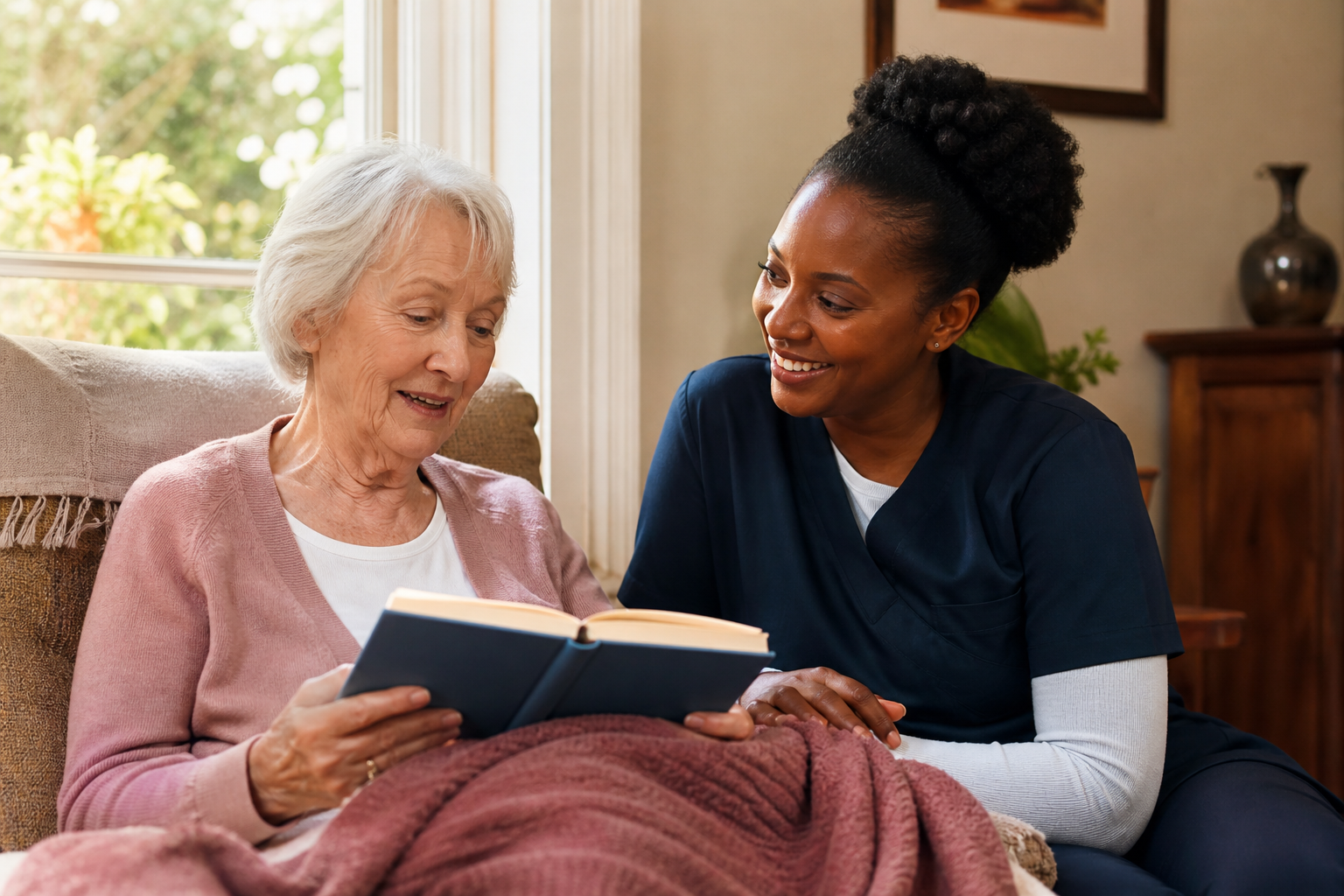 caregiver reading with senior prescare community support