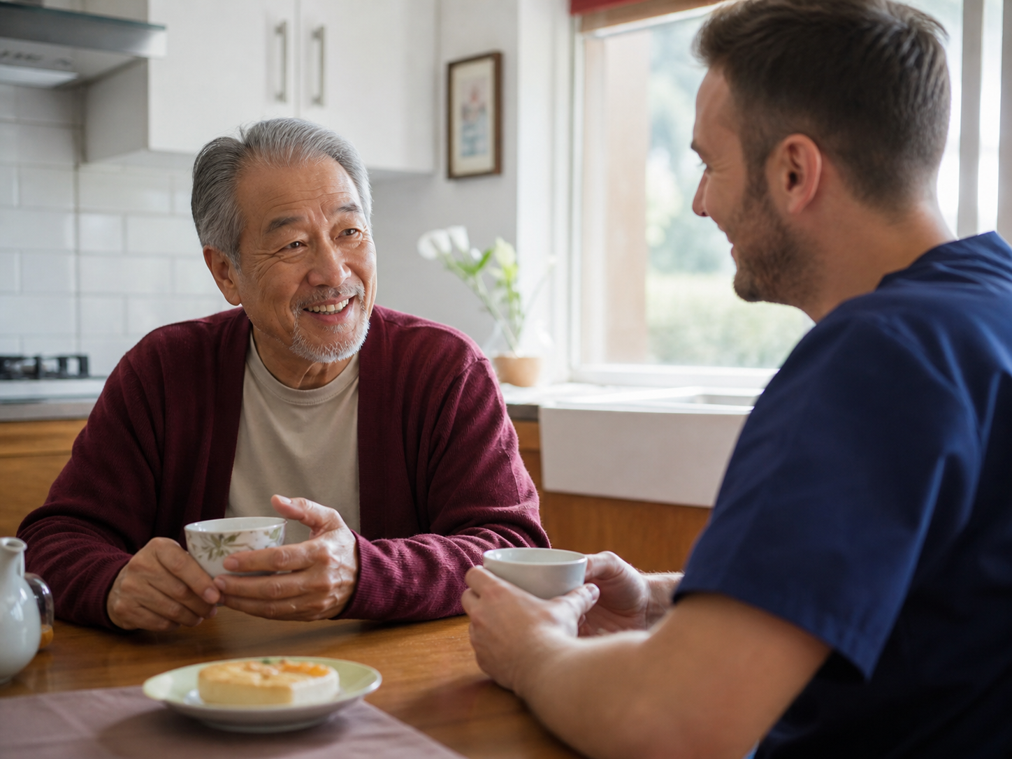 happy older man enjoying tea with nurse