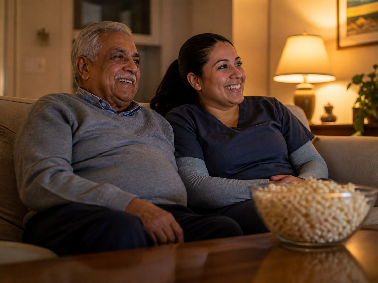 happy senior and caregiver enjoying movie night