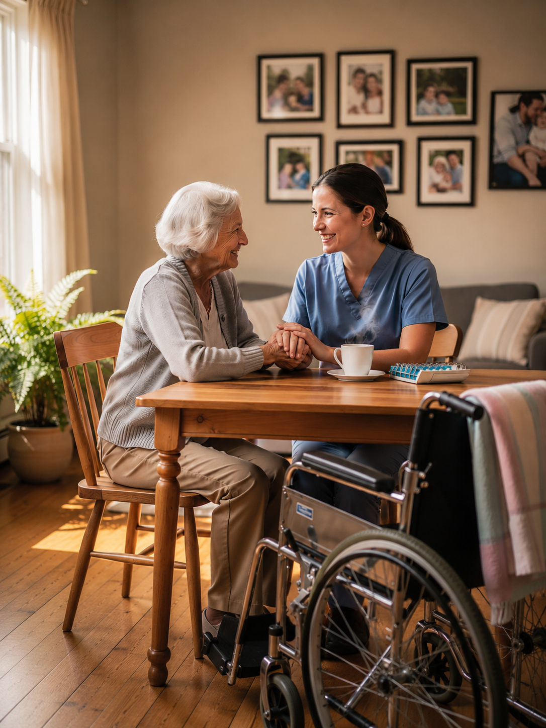 caring conversation between nurse and seniors in living room