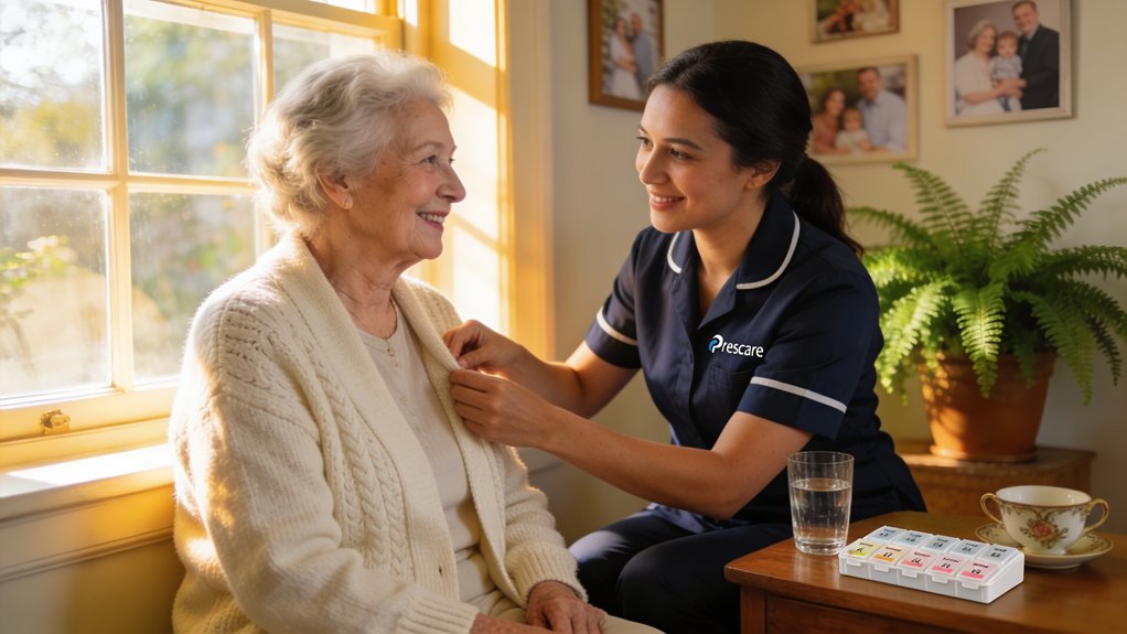 home care nurse assisting happy seniors in bright room