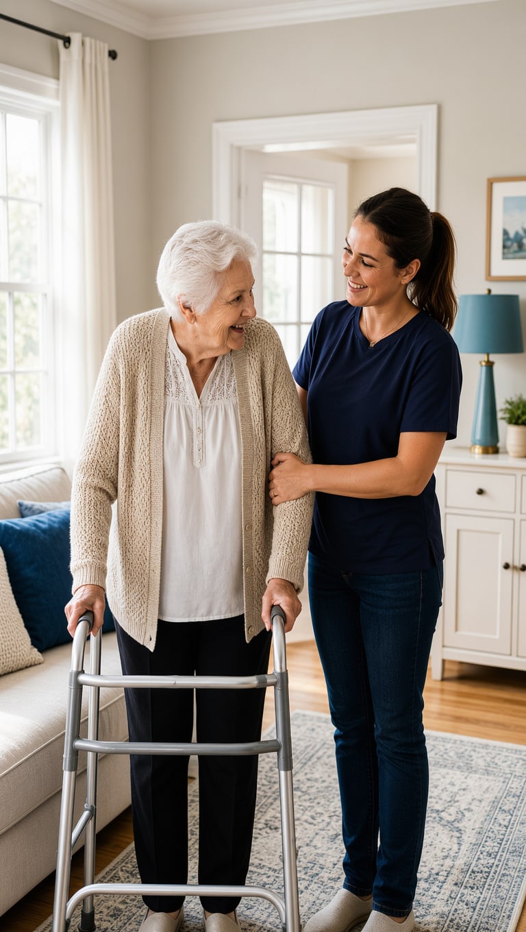 caregiver-assisting-elderly-woman-walker caregiver-assisting-elderly-woman-walker
