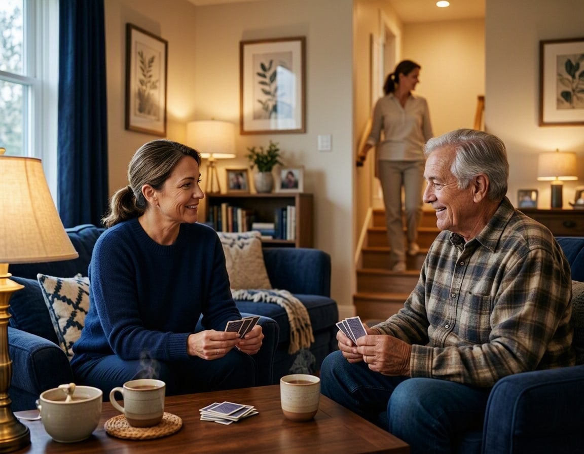 Cozy Family Card Game Night caring senior woman with nurse prescare helping hands conversation